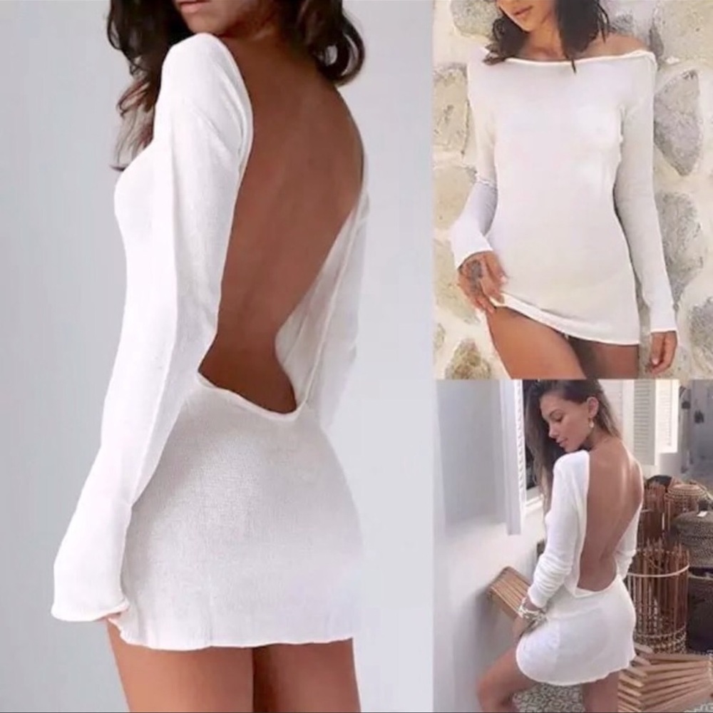 White Open-Back Long Sleeve Swim Coverup
